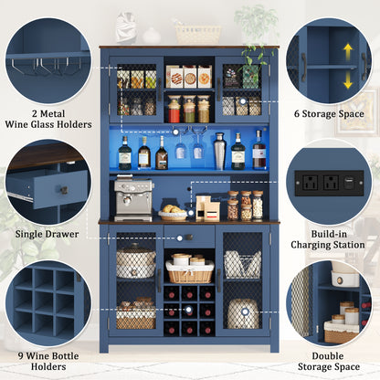 70.9" Kitchen Pantry Storage Cabinet Rustic Buffet Cabinet, Kitchen Hutch Cabinet with LED Outlets Food Pantry Cabinet with Doors and Shelves Wine Rack for Dining Room, Navy Blue image 7