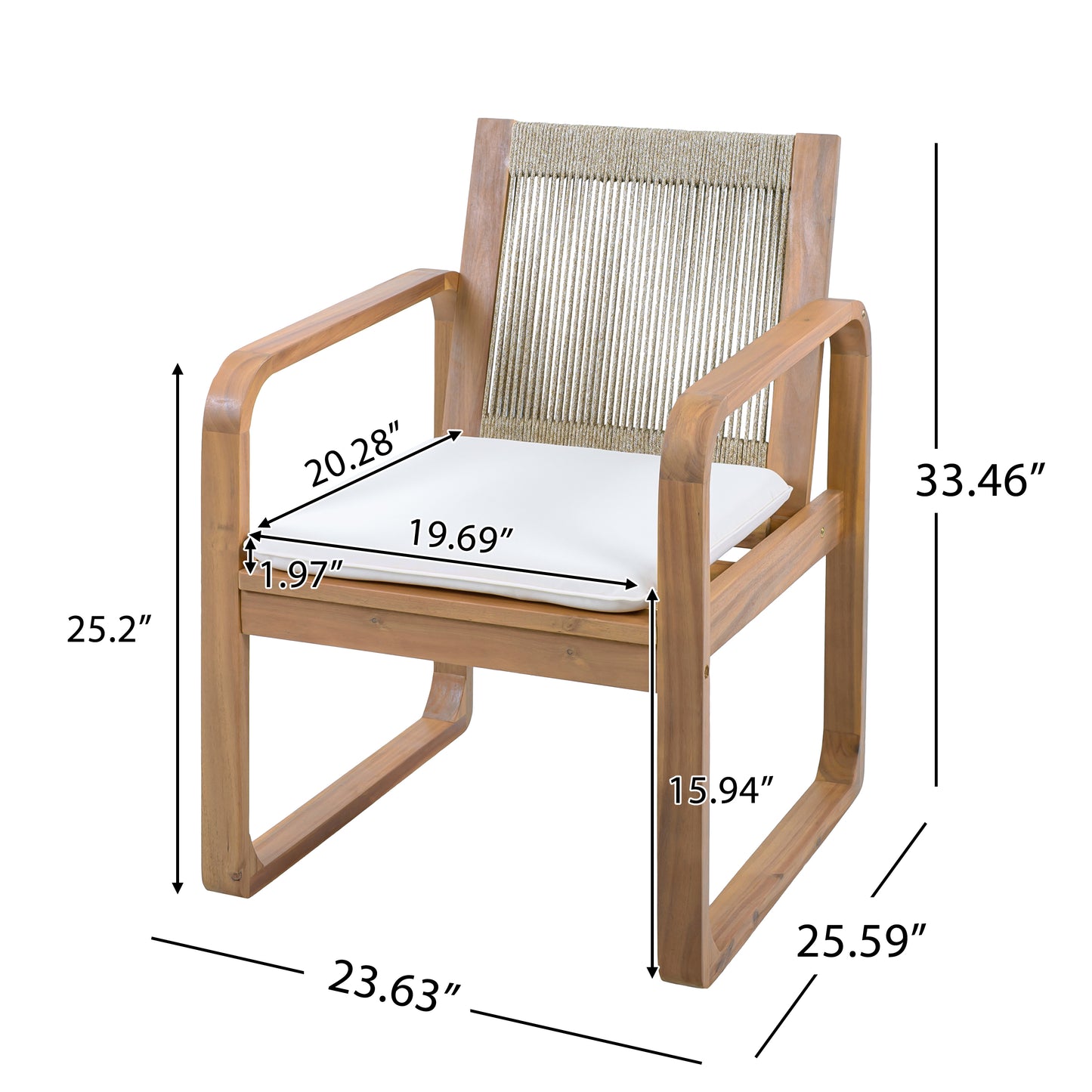 2-Piece Outdoor Dining Chairs Set: Acacia Wood with Multi Brown Rope Back & Beige Cushion, Water Repellent Fabric, 400 lbs Capacity, Light Teak Finish image 2