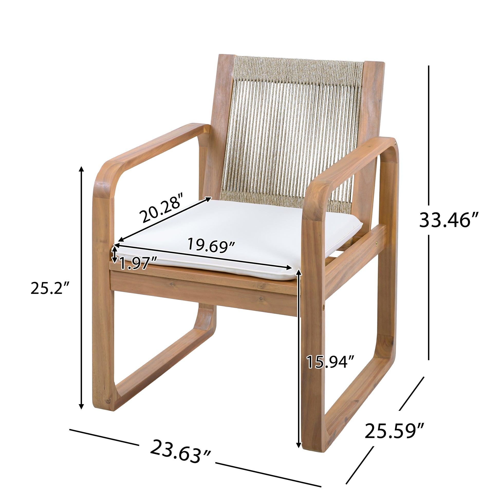 2-Piece Outdoor Dining Chairs Set: Acacia Wood with Multi Brown Rope Back & Beige Cushion, Water Repellent Fabric, 400 lbs Capacity, Light Teak Finish image 2