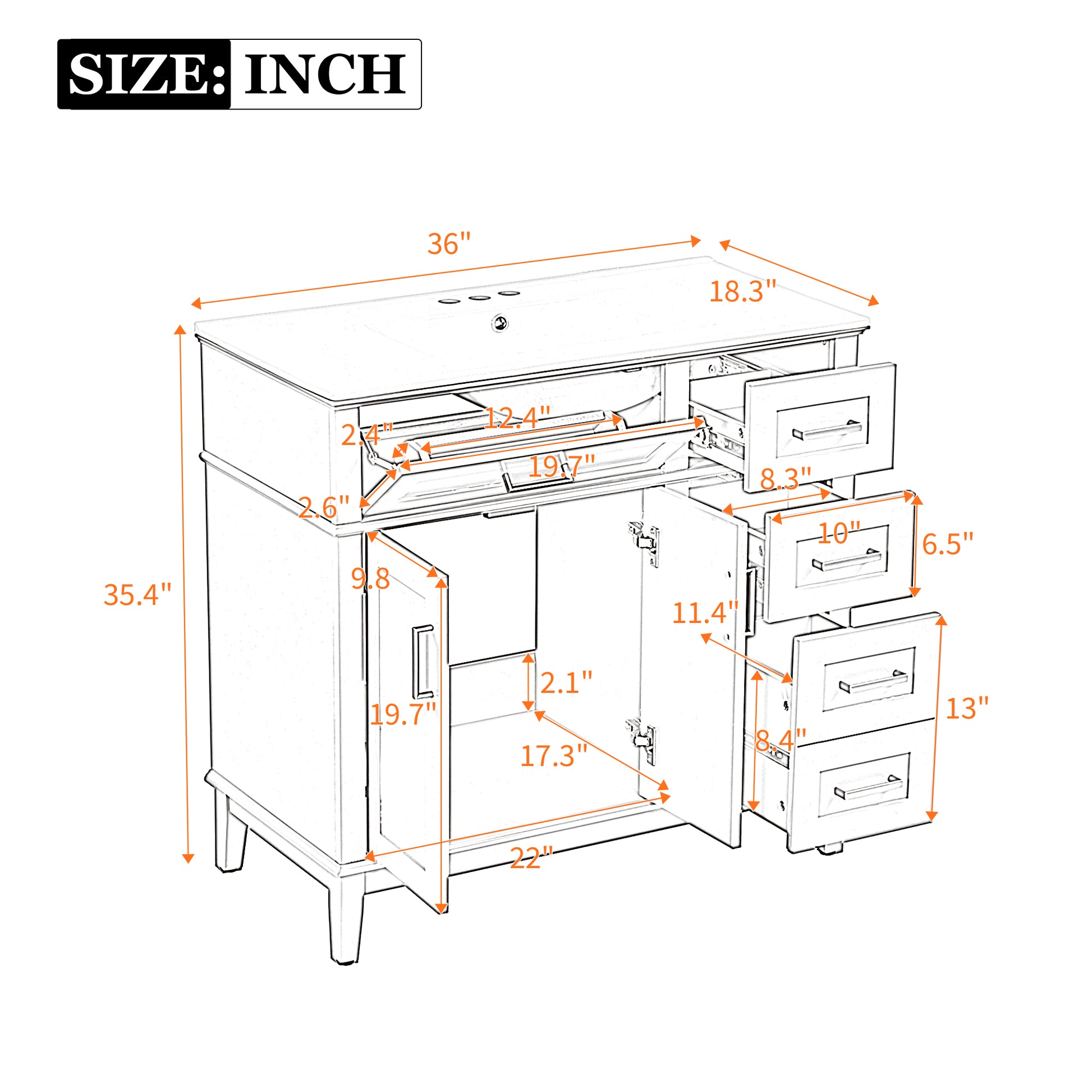 36" Gray Modern Bathroom Vanity with Ceramic Sink, Soft-Close Door, and 4 Storage Drawers,offering a refined look with practical everyday functionality.(Old SKU:N729P253935E) image 8