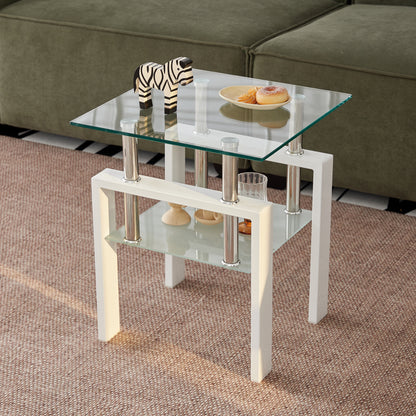 2 pieces White Tempered Clear Glass End Table, 2-Layers Small Table with Storage, Living Room Side Table image 6