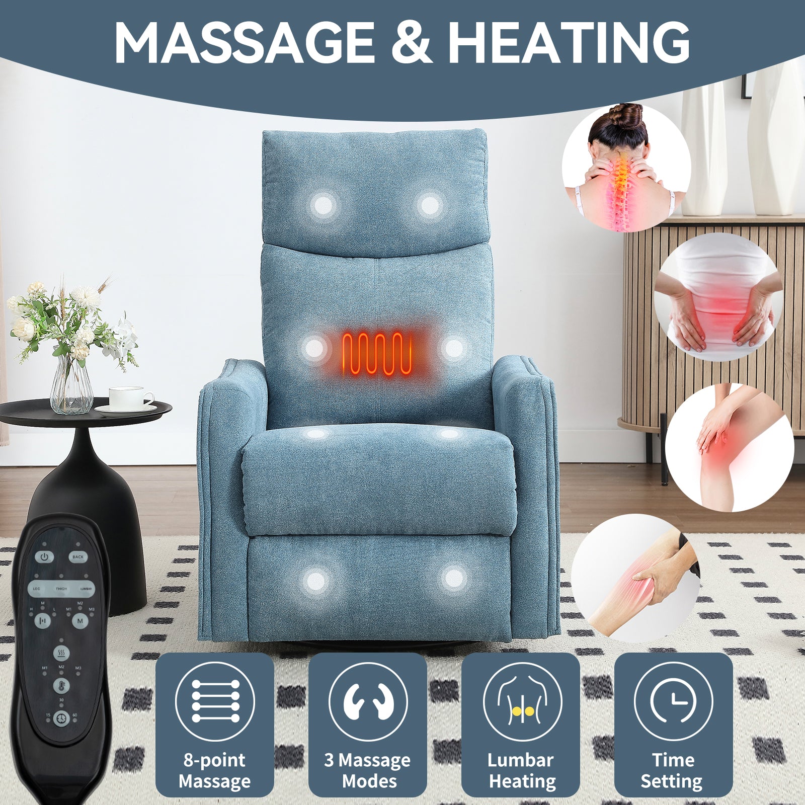 Heat Massage Manual Recliner Chair with Rocker and Swivel in Fabric for Living Room, Blue image 9