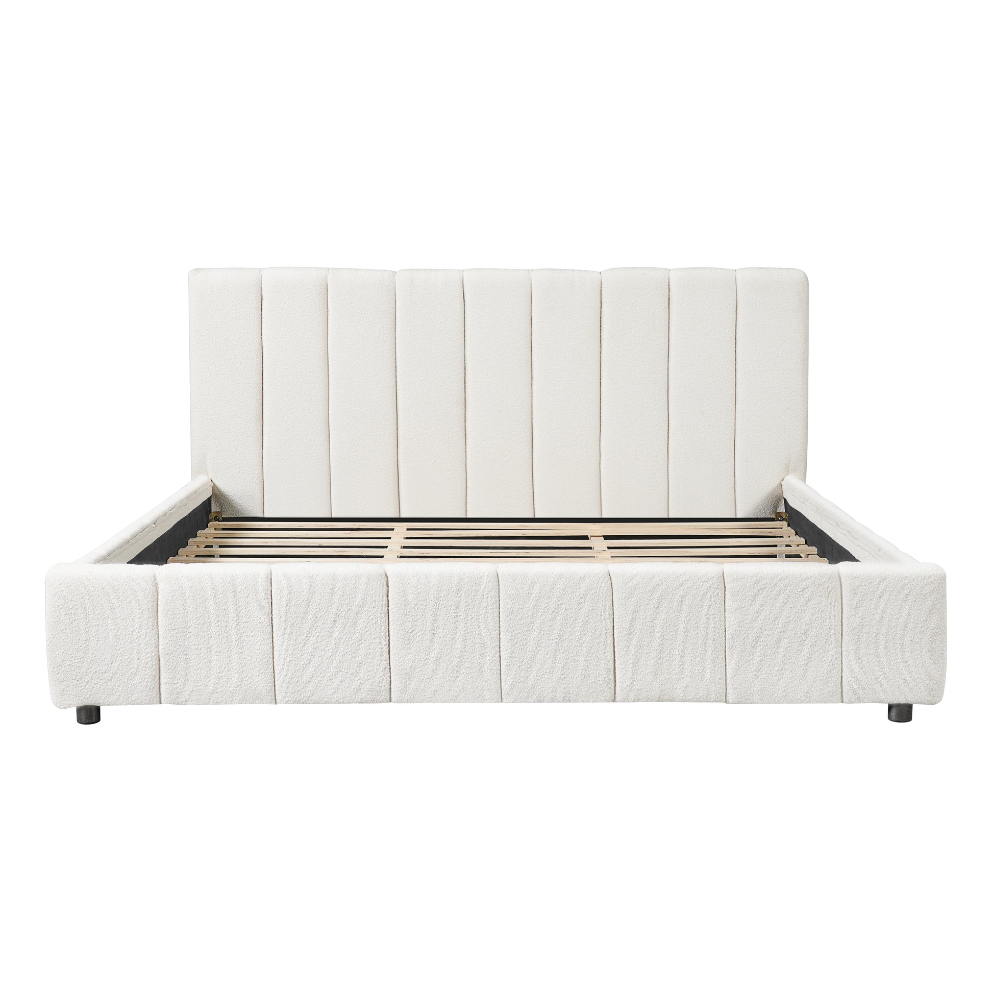 King Size Upholstered Bed Frame With Boucle Fabric And Thick Headboard, Off white image 5