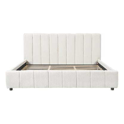 King Size Upholstered Bed Frame With Boucle Fabric And Thick Headboard, Off white image 5