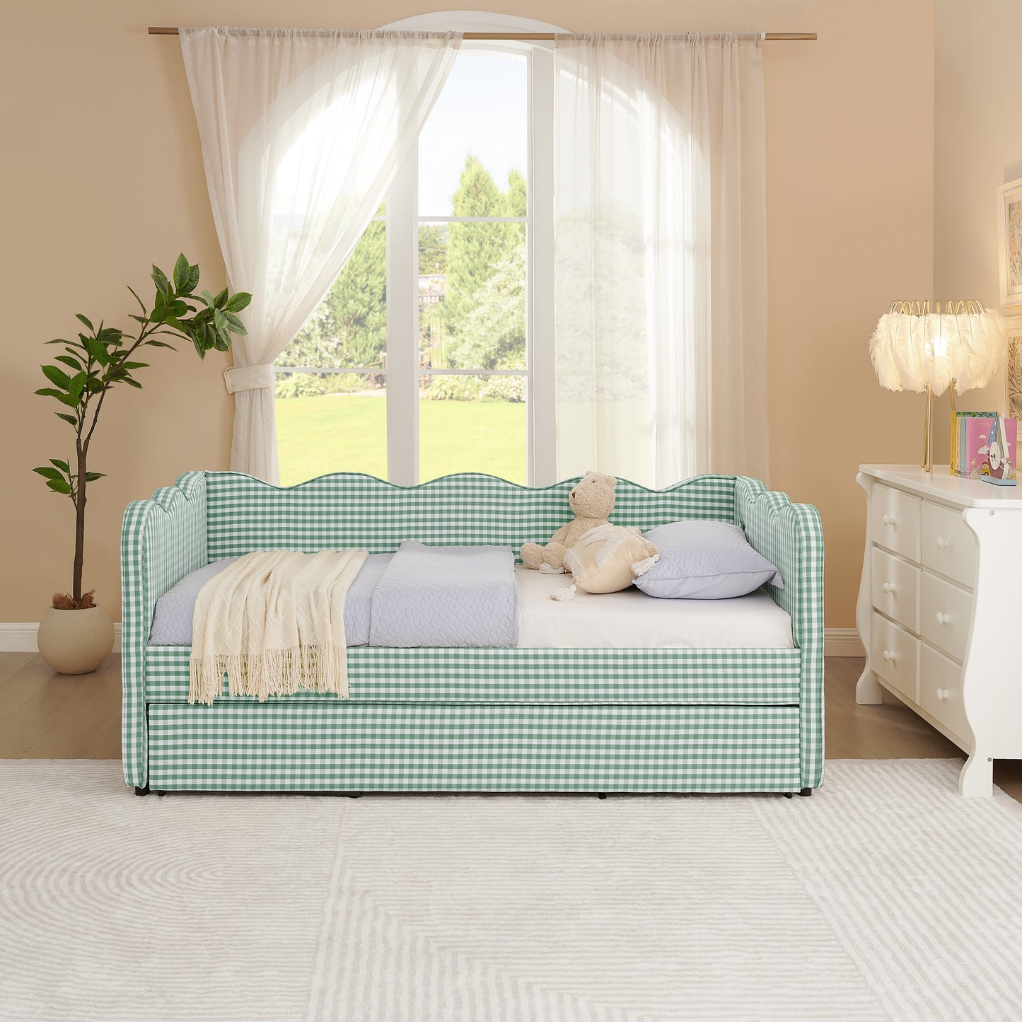 Cozy Gingham Daybed with Trundle Twin Size Sofa Bed No Box Spring Needed, with USB Port and Adorable Wave Shaped, Linen Fabric image 3