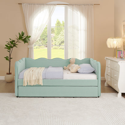 Cozy Gingham Daybed with Trundle Twin Size Sofa Bed No Box Spring Needed, with USB Port and Adorable Wave Shaped, Linen Fabric image 3