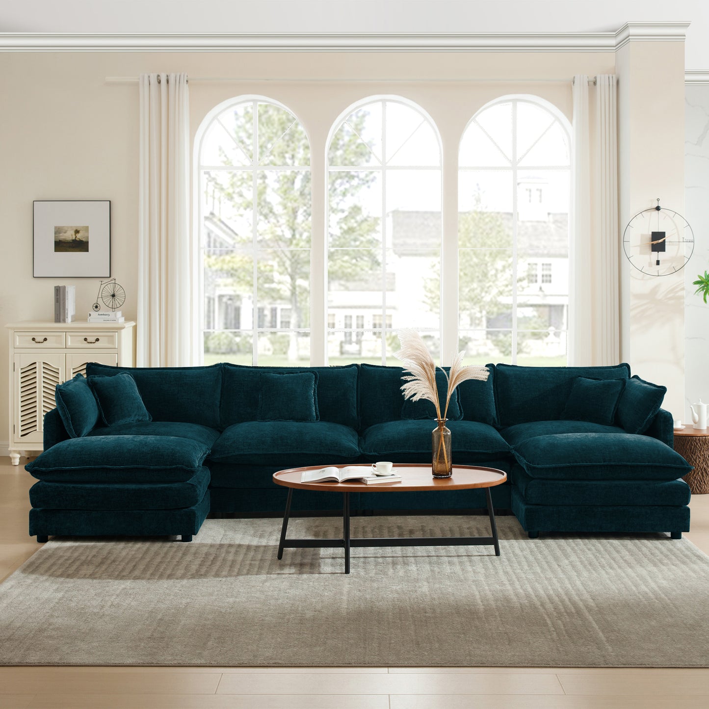 Comfort U Shaped Couch with Reversible Chaise, Modular Large U-Shape Sectional Sofa, Double Extra Ottomans,Blue Chenille image 2