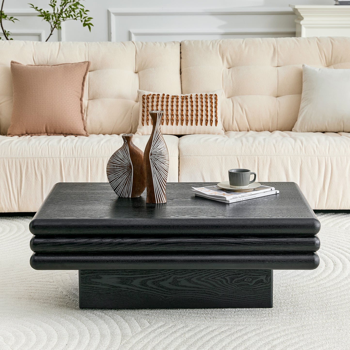 Modern 3-Tier Stacked Rectangular Coffee Table, MDF with Wood Veneer,Black Accent Center Table for Living Room image 1