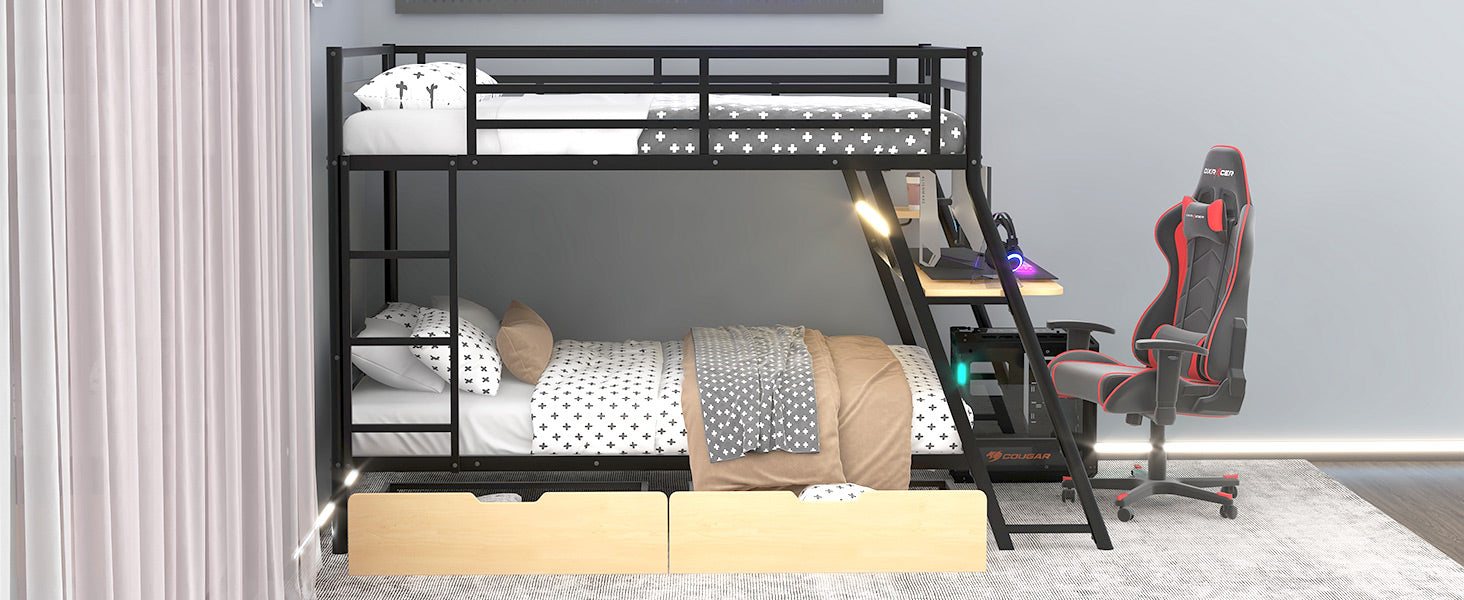 Full Size Metal Bunk Bed with Built-in Desk, Light and 2 Drawers, Black image 7