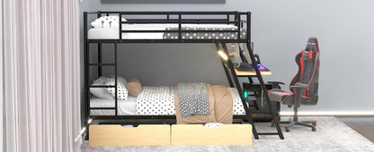 Full Size Metal Bunk Bed with Built-in Desk, Light and 2 Drawers, Black image 7