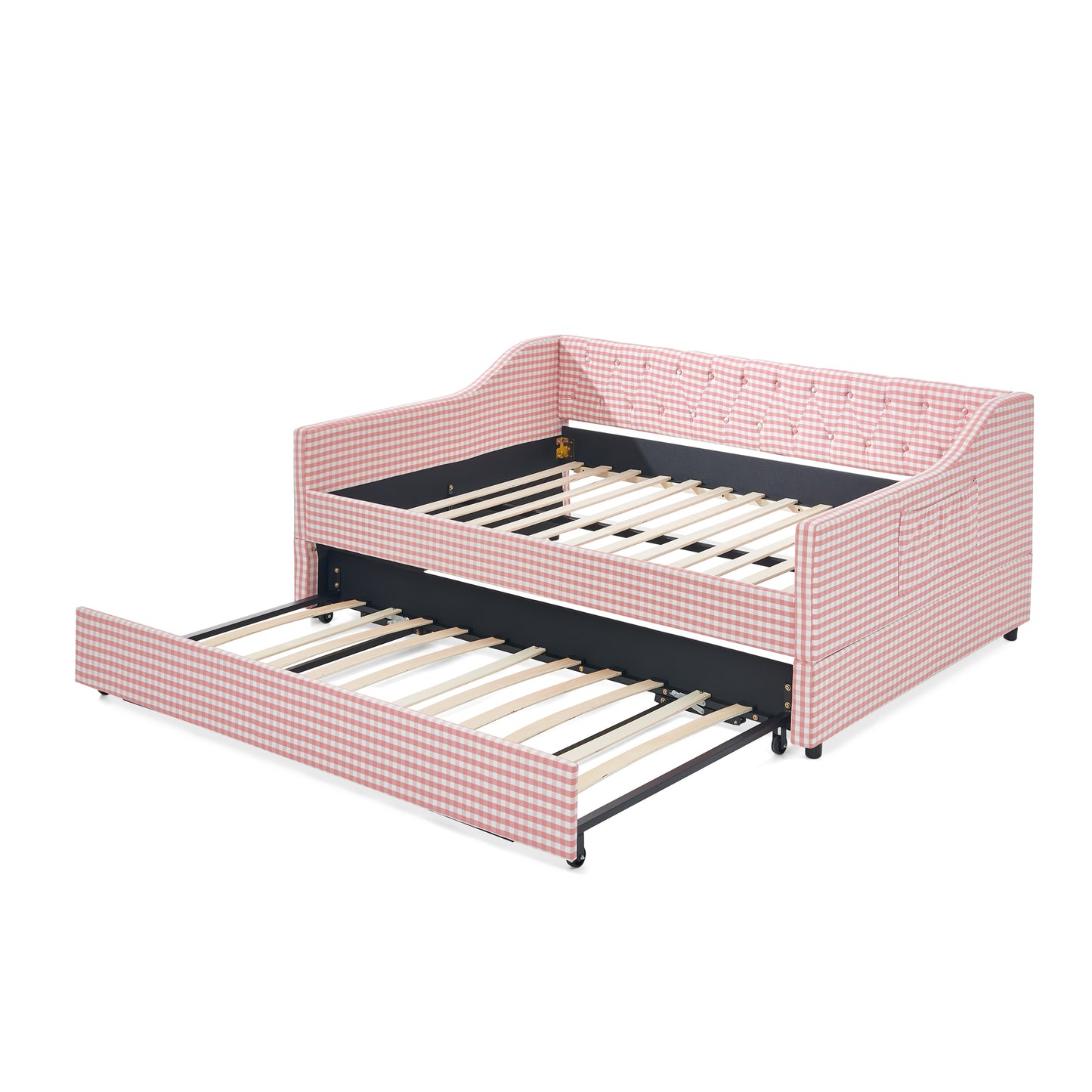 Full‑Size Daybed,Upholstered Convertible Daybed with Tufted Button Backrest, 3‑in‑1 Versatile Sofa Bed with Pull‑Out Trundle & Side Storage, Perfect for Compact Living-Pink image 12