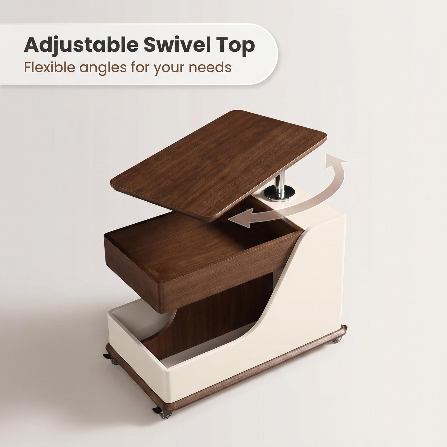 A small side table or coffee table with an adjustable height, suitable for the living room, balcony or bedroom. It is portable and features storage compartments, available in off-white and walnut. image 3