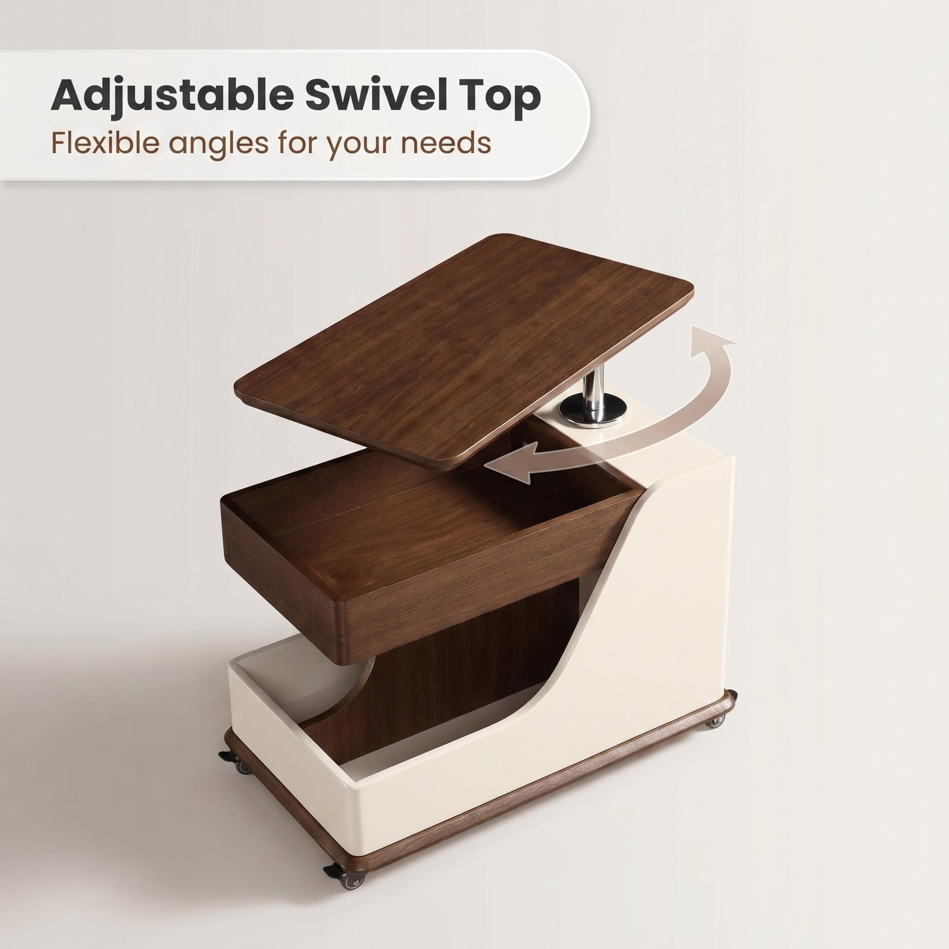 A small side table or coffee table with an adjustable height, suitable for the living room, balcony or bedroom. It is portable and features storage compartments, available in off-white and walnut. image 3