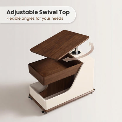 A small side table or coffee table with an adjustable height, suitable for the living room, balcony or bedroom. It is portable and features storage compartments, available in off-white and walnut. image 3