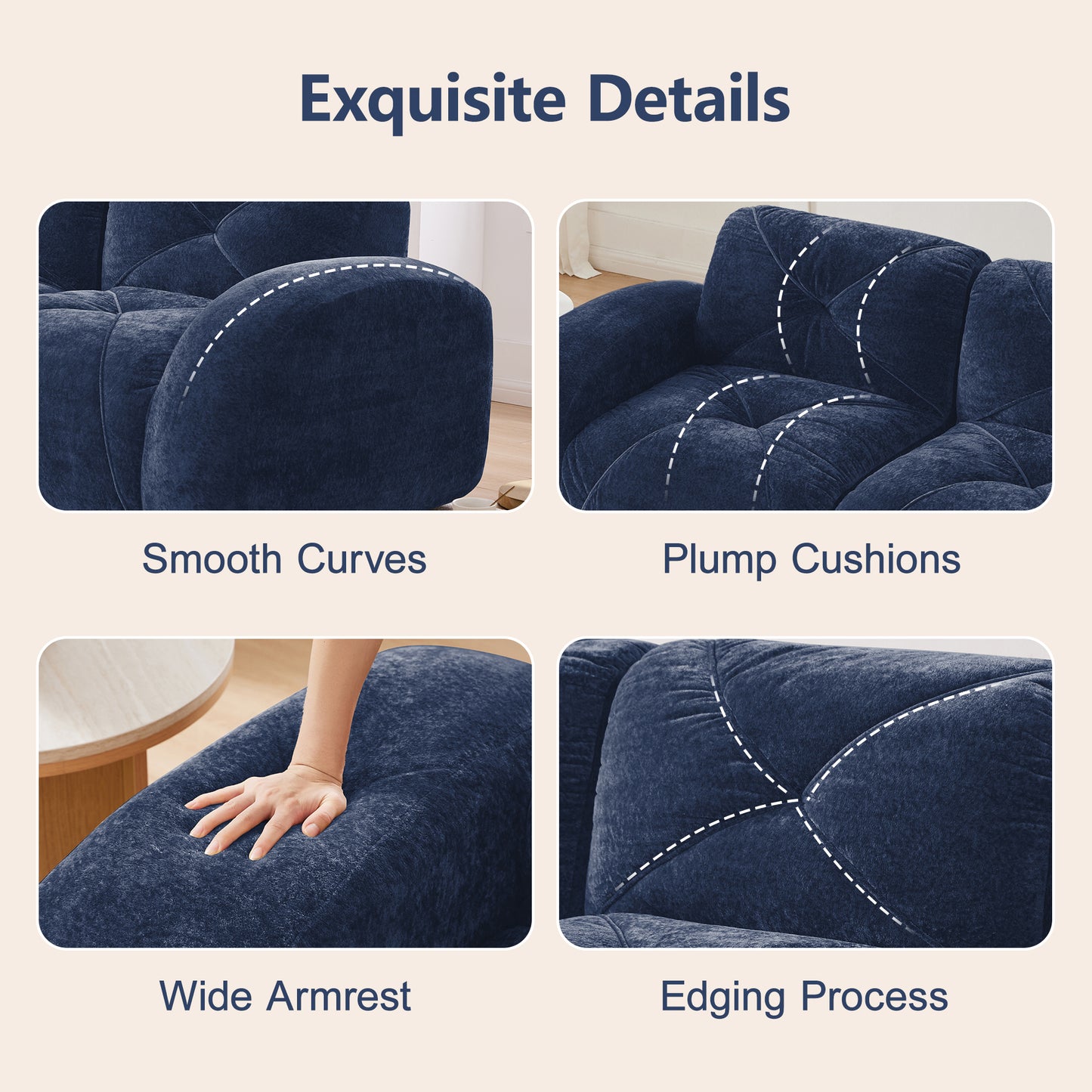U-shaped Boneless Sofa,Soft Velvet Fabric,Tufted Design,32D High Density Sponge,No Assembly Required,Ergonomic Design Bottom, Anti-Slip Design,Movable Ottomans For Bedrooms,Blue image 4