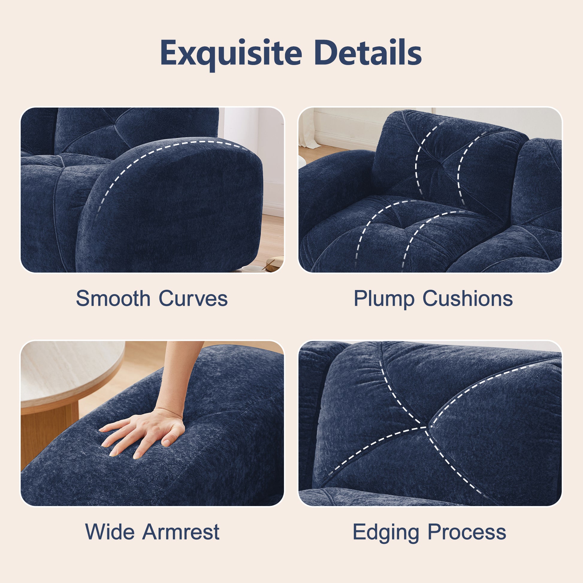 2-seater Tufted Sofa Couches With boneless Sofa,Soft Velvet Fabric,Bottom Anti-Slip Design,32D High Density Sponge,Ergonomic Design Bottom,No Assembly Required,Fits Living Rooms,Blue image 6