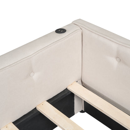 Queen Size Upholstered Platform Bed with USB and 2 Drawers, Beige image 12