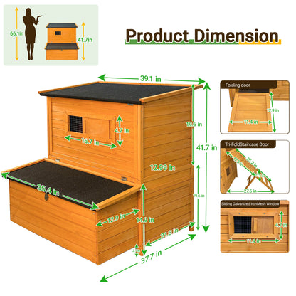 Chicken Coop, Double-House Wooden Chicken Coop For 6-8 Chickens With 3 Nesting Boxes And 2 Pull-Out Trays, Featuring A Foldable Ramp And Asphalt Roof image 2