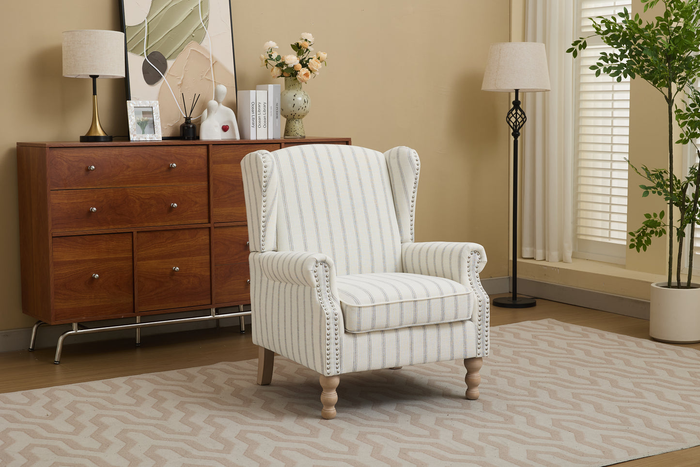 Modern Accent Chair with Retro Wood Legs, Comfy Upholstered Armchair, Floral Design Single Sofa Chair for Living Room Bedroom Office - Stripe image 1