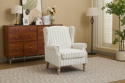 Modern Accent Chair with Retro Wood Legs, Comfy Upholstered Armchair, Floral Design Single Sofa Chair for Living Room Bedroom Office - Stripe image 1