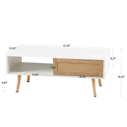 41.34" Rattan Coffee table, sliding door for storage, solid wood legs, Modern table for living room,White image 11