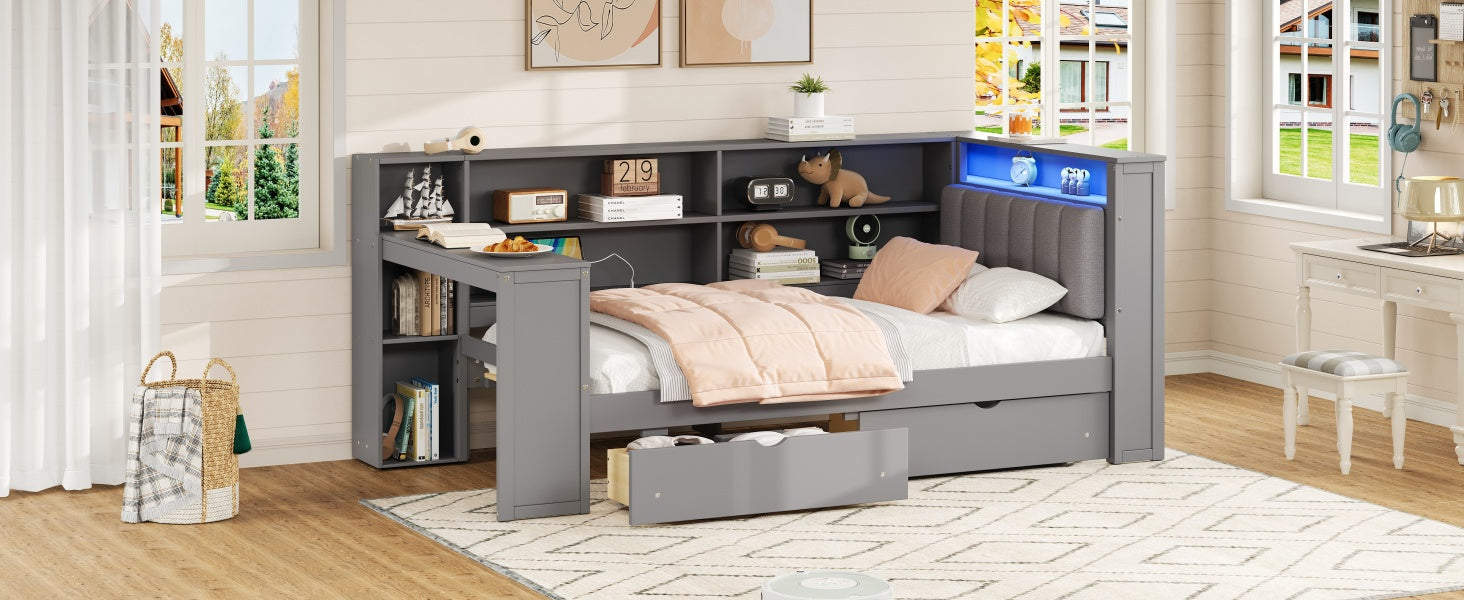 Wood Twin Size Platform Bed with Storage Shelves, Drawers, Charging Station, LED, Desk and Upholstered Headboard, Grey+ Grey Cushion image 7