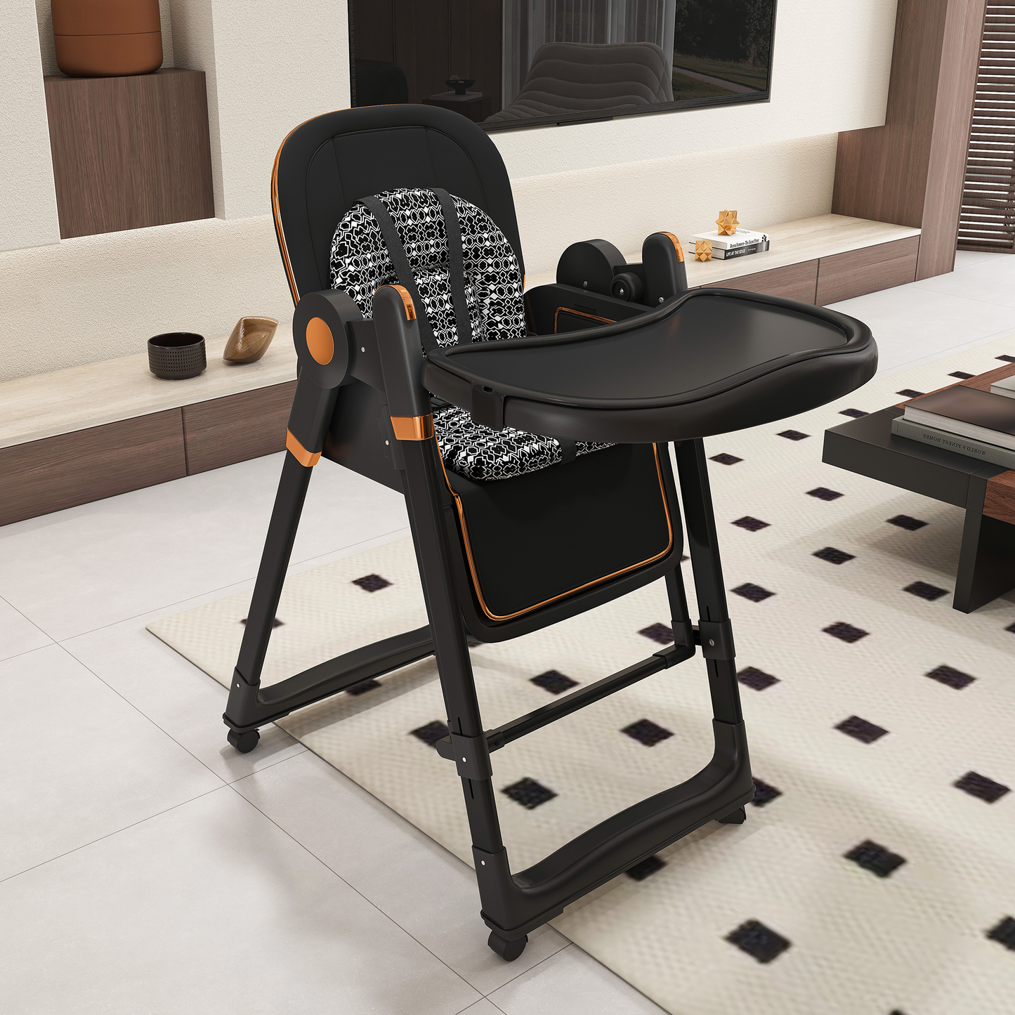 Convertible Baby High Chair to Rocker with 5-Point Harness, Foldable Infant Feeding Chair with Silent Locking Wheels & Removable 2-Tier Easy-Clean Tray for 6M-3Yrs(Black) image 2