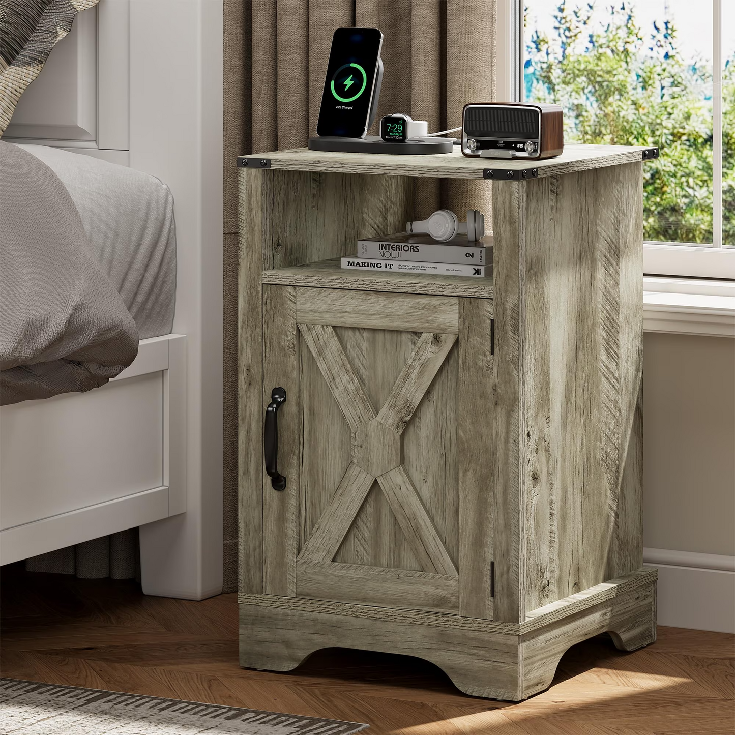 Farmhouse End Table with Charging Station Wooden Rustic Nightstands with Storage Cabinet and Shelf for Bedroom, Living Room, Living Room, Warm Grey image 1