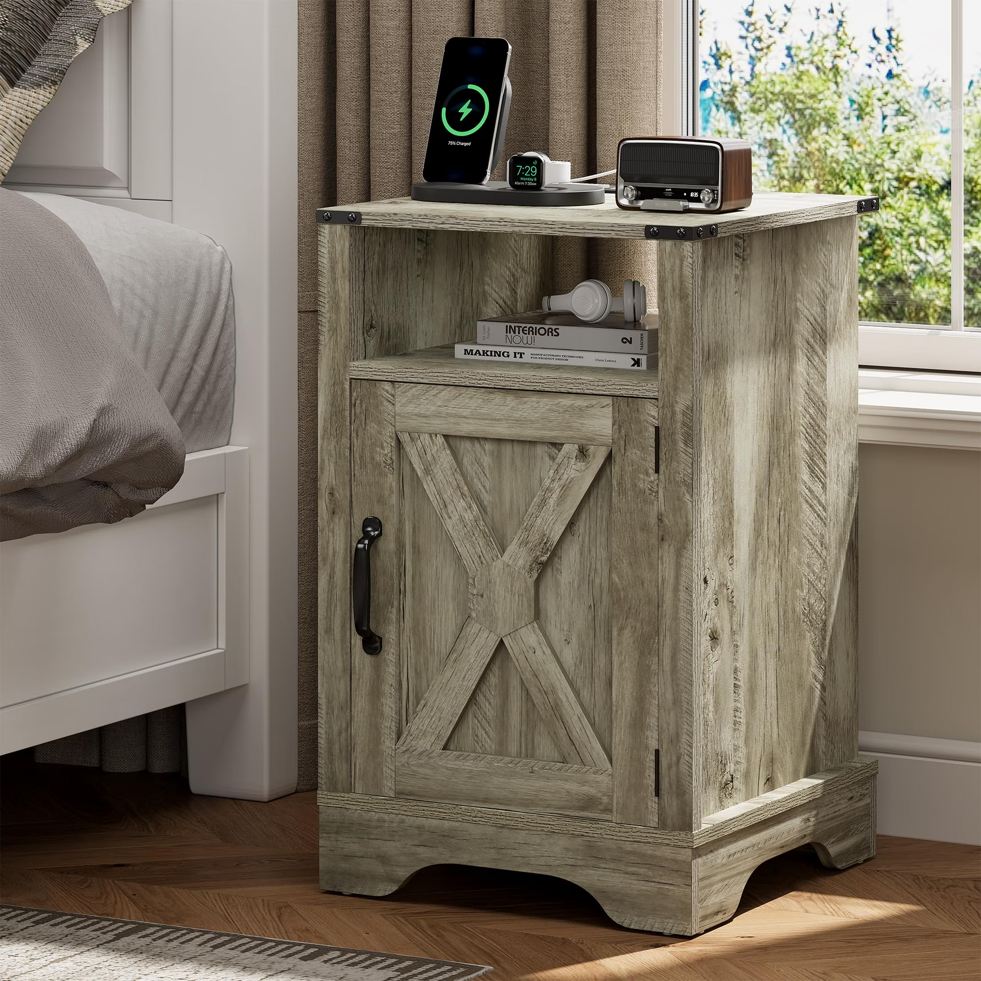 Farmhouse End Table with Charging Station Wooden Rustic Nightstands with Storage Cabinet and Shelf for Bedroom, Living Room, Living Room, Warm Grey image 1