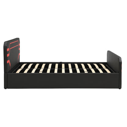 Queen Size Upholstered Gaming Bed with Side-Lift Hydraulic Storage System, Cyberpunk Style Platform Bed with Futuristic Pattern for Gamers & Gen Z, Black+Red image 11