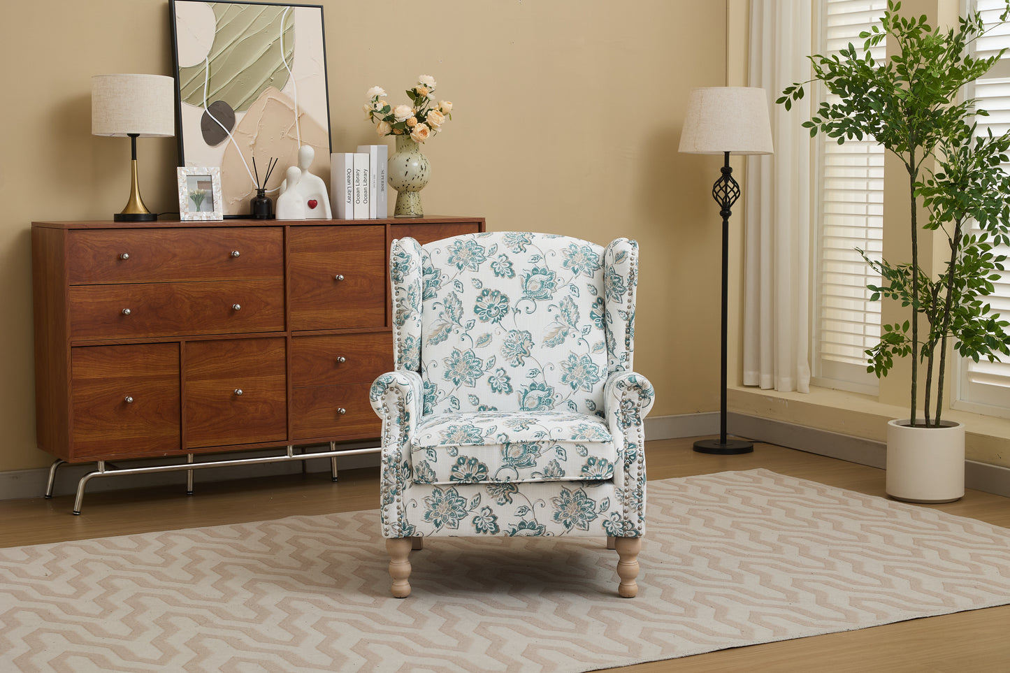 Modern Accent Chair with Retro Wood Legs, Comfy Upholstered Armchair, Floral Design Single Sofa Chair for Living Room Bedroom Office image 2