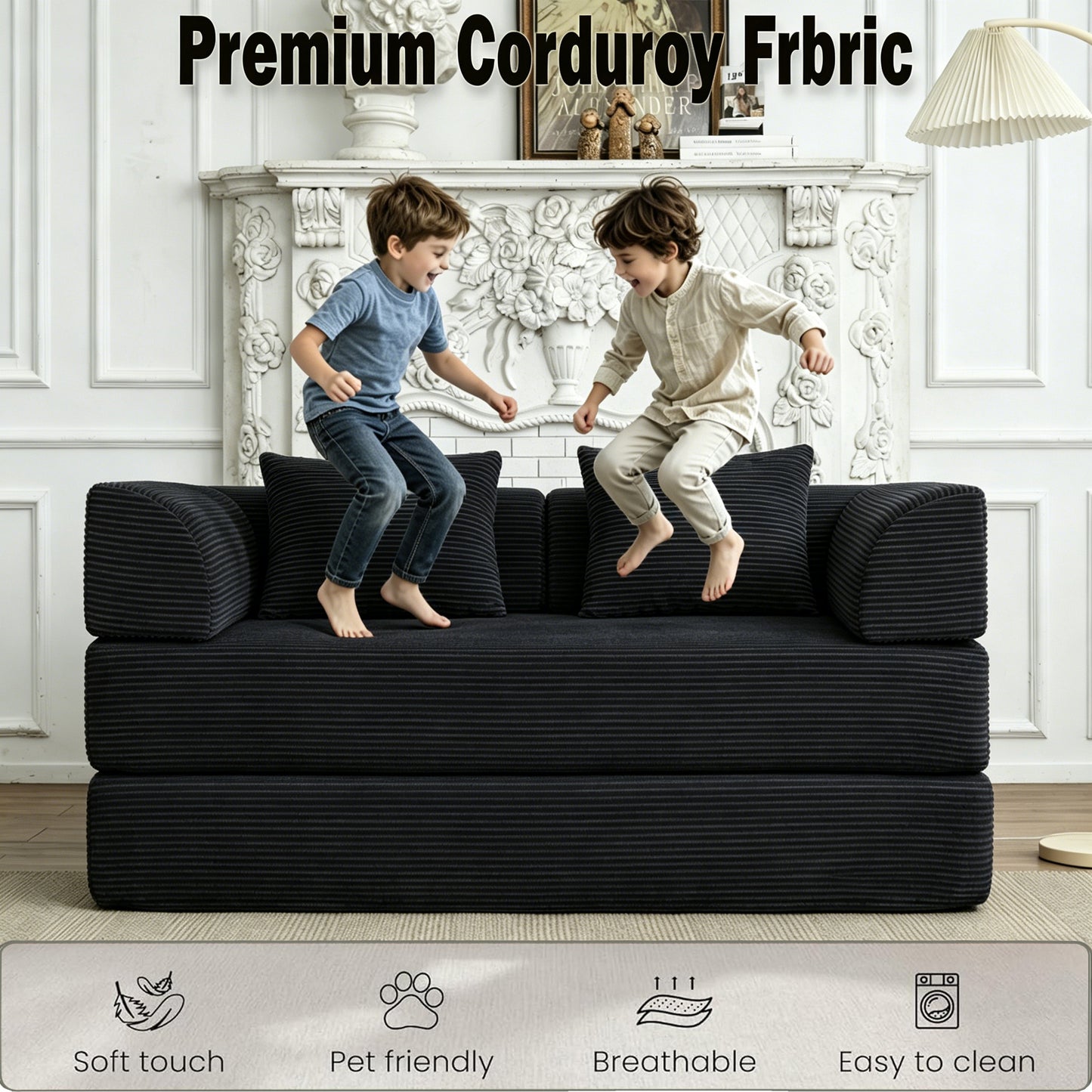 Convertible Sleeper Sofa Bed, Corduroy Folding Mattress Couch with Fixed-Shape Frame, Floor Sofa Lounge Couch Boneless Sofa for Living Room Bedroom, Black image 6