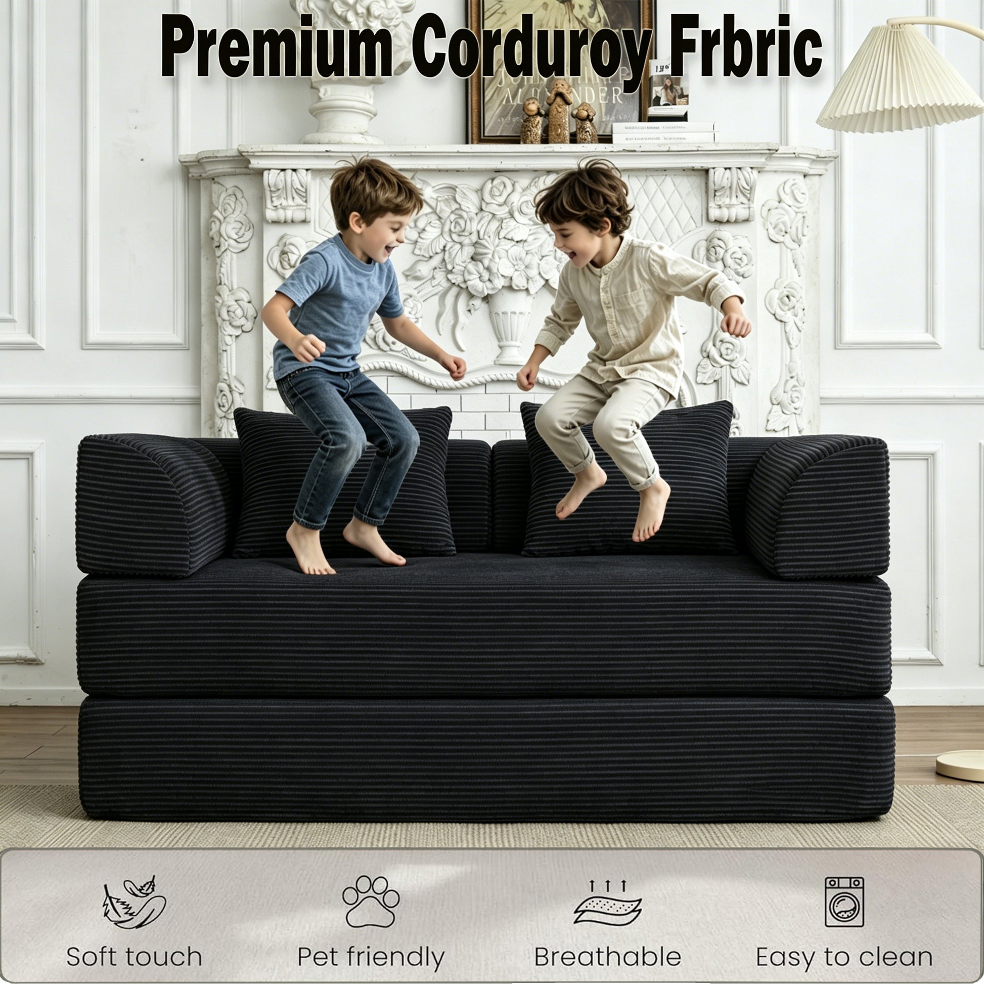 Convertible Sleeper Sofa Bed, Corduroy Folding Mattress Couch with Fixed-Shape Frame, Floor Sofa Lounge Couch Boneless Sofa for Living Room Bedroom, Black image 6