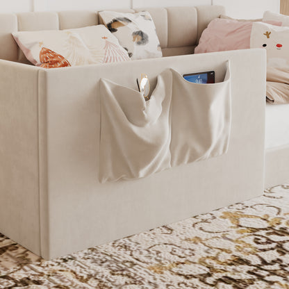 Twin Size Daybed Velvet Upholstered Sofa Bed with High Side Panels and Side Entrance, Space-Saving Guest Bed with Storage Pockets, Beige image 6