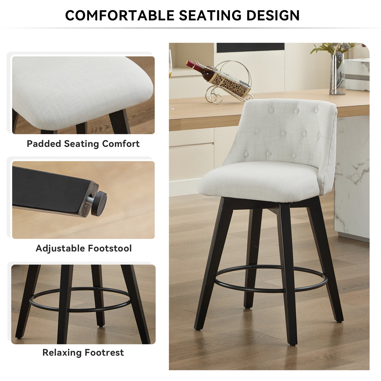 007-360° Swivel Bar Stools Set of 2-Modern 25" Counter Height Stools with Stain-Resistant Line&Button Tufted Back, Solid Wood Frame Barstools for Kitchen Island, Cafe or Home Bar, Easy Assembly White image 3