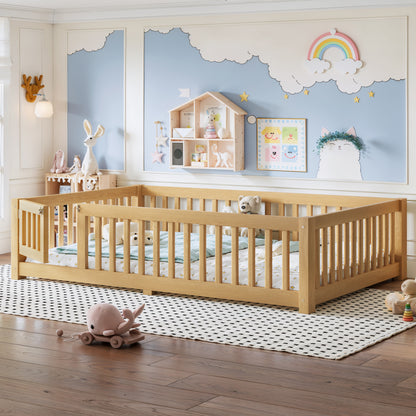 Full Size Bed Floor Bed with Safety Guardrails and Door for Kids, Natural image 2
