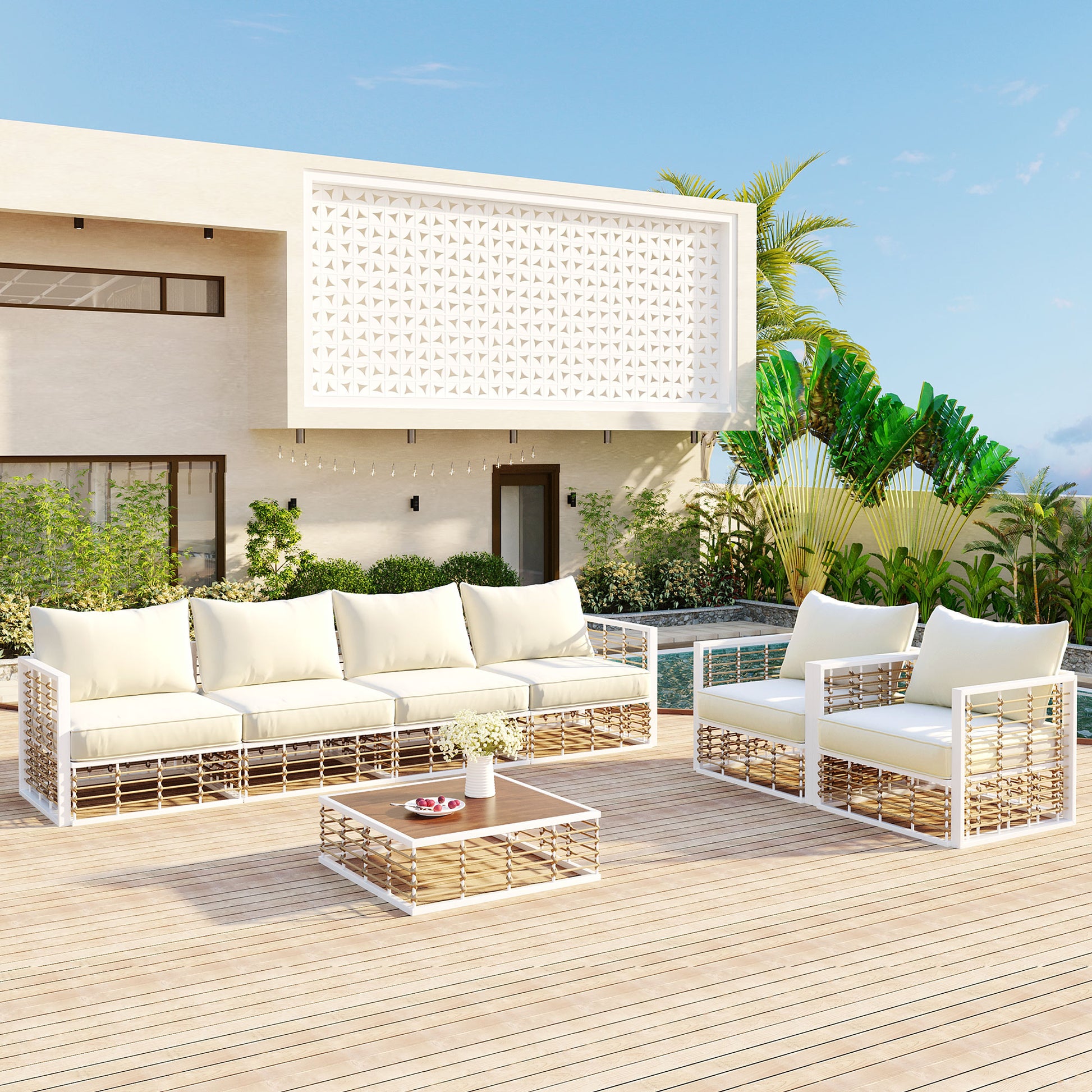 TOPMAX Modern Minimalist 7-Piece Metal Patio Sectional Sofa Set, All-Weather Garden Conversational Furniture Set with Thick Cushions and Coffee Table for Indoor Outdoor, White image 1
