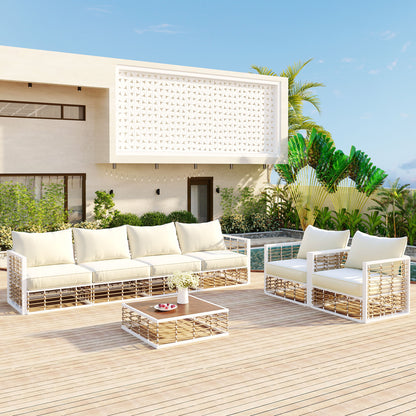 TOPMAX Modern Minimalist 7-Piece Metal Patio Sectional Sofa Set, All-Weather Garden Conversational Furniture Set with Thick Cushions and Coffee Table for Indoor Outdoor, White image 1