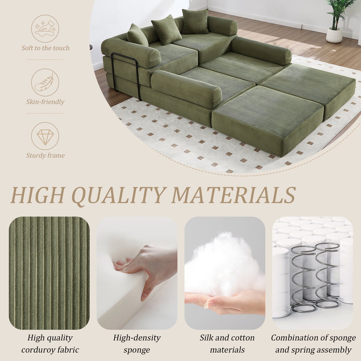 UNITED WE WIN convertible folding sofa bed, with fixed frame and pillow back handrail, cloud corduroy folding mattress sofa, folding memory foam bed in living room/dormitory/guest room/home office/apt image 2