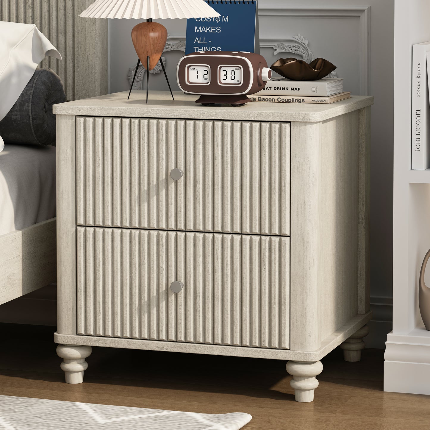 Fluted Nightstand, 21.65" Wide Side Table with 3 Drawers, Mid Century Modern Wood NightStand with Metal Handle, Wooden Bedside End Table for Bedroom, Living Room, Closet, Beige image 2