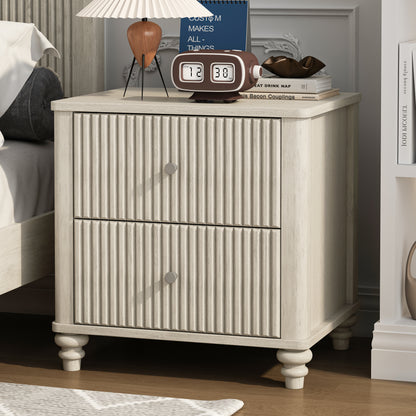 Fluted Nightstand, 21.65" Wide Side Table with 3 Drawers, Mid Century Modern Wood NightStand with Metal Handle, Wooden Bedside End Table for Bedroom, Living Room, Closet, Beige image 2
