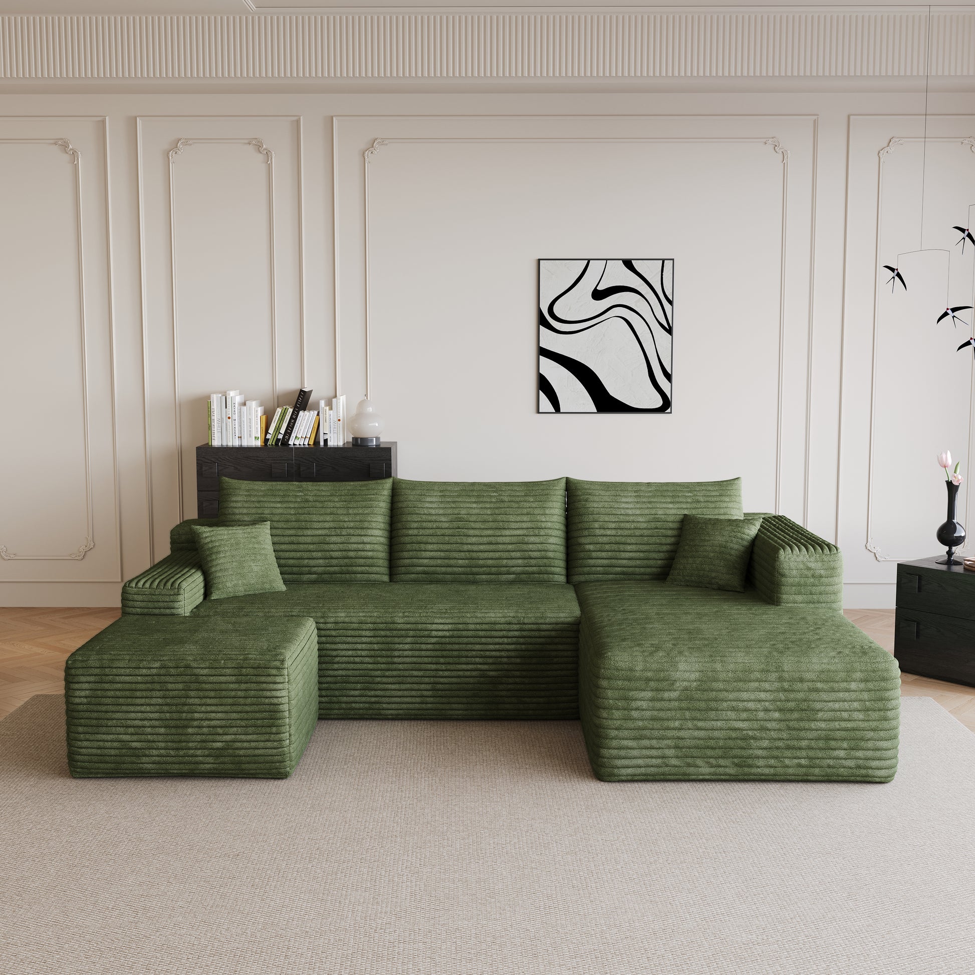 95" Cloud Sectional Sofa with 1 Ottoman,Modern Minimalist Upholstered Couches, Comfort U Shaped Sofa for Living Room,Deep Seat Corner Couch,No Assembly Required,Green((Plush Corduroy Fabric) image 7