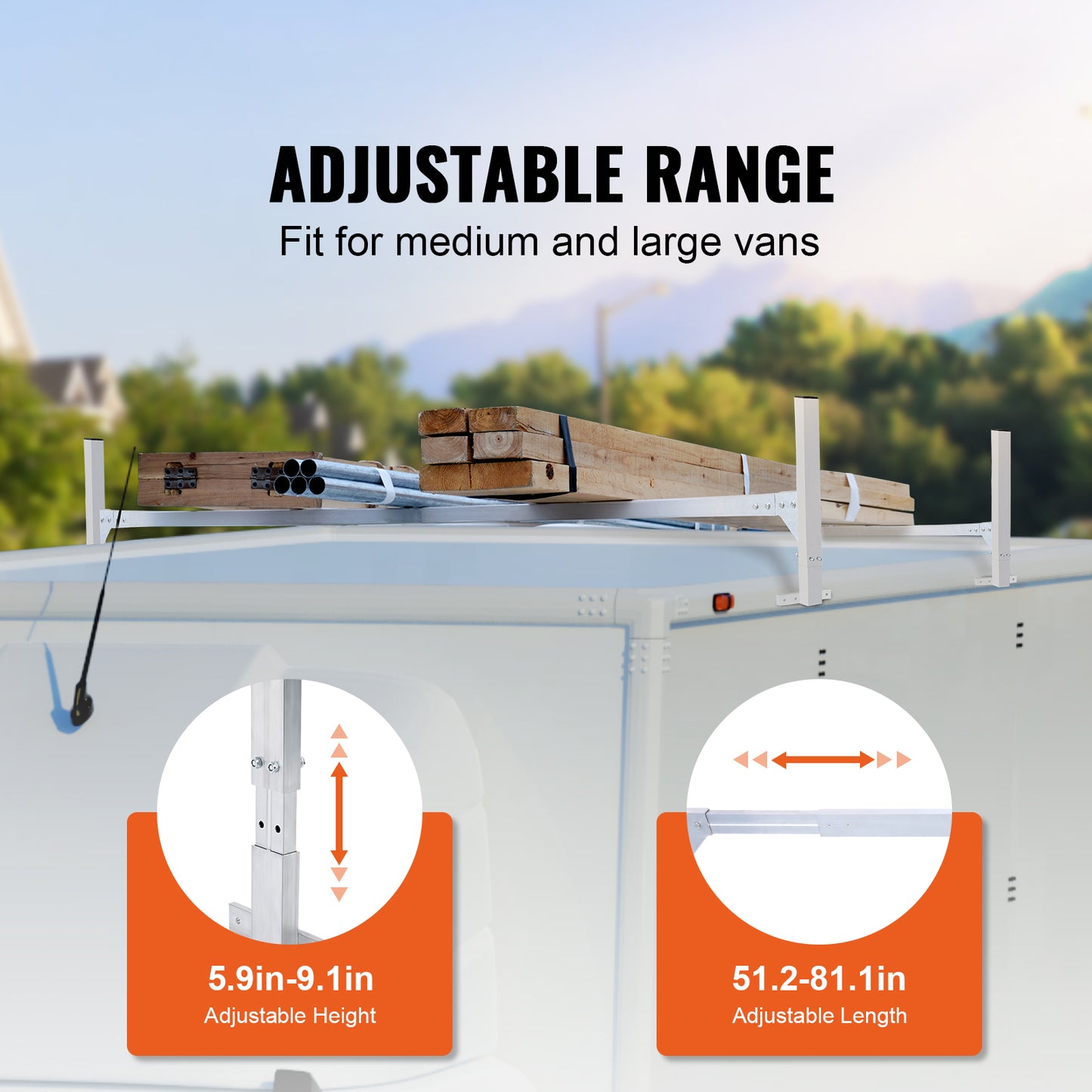 Van Roof Ladder Rack, 2 Bars Aluminum Alloy Roof Ladder Racks, 400 LBS Capacity Rain-Gutter Van Roof Rack, Adjustable Length 51.2" to 81.1", Van Ladder Rack for Van, Cargo, Trailer image 3