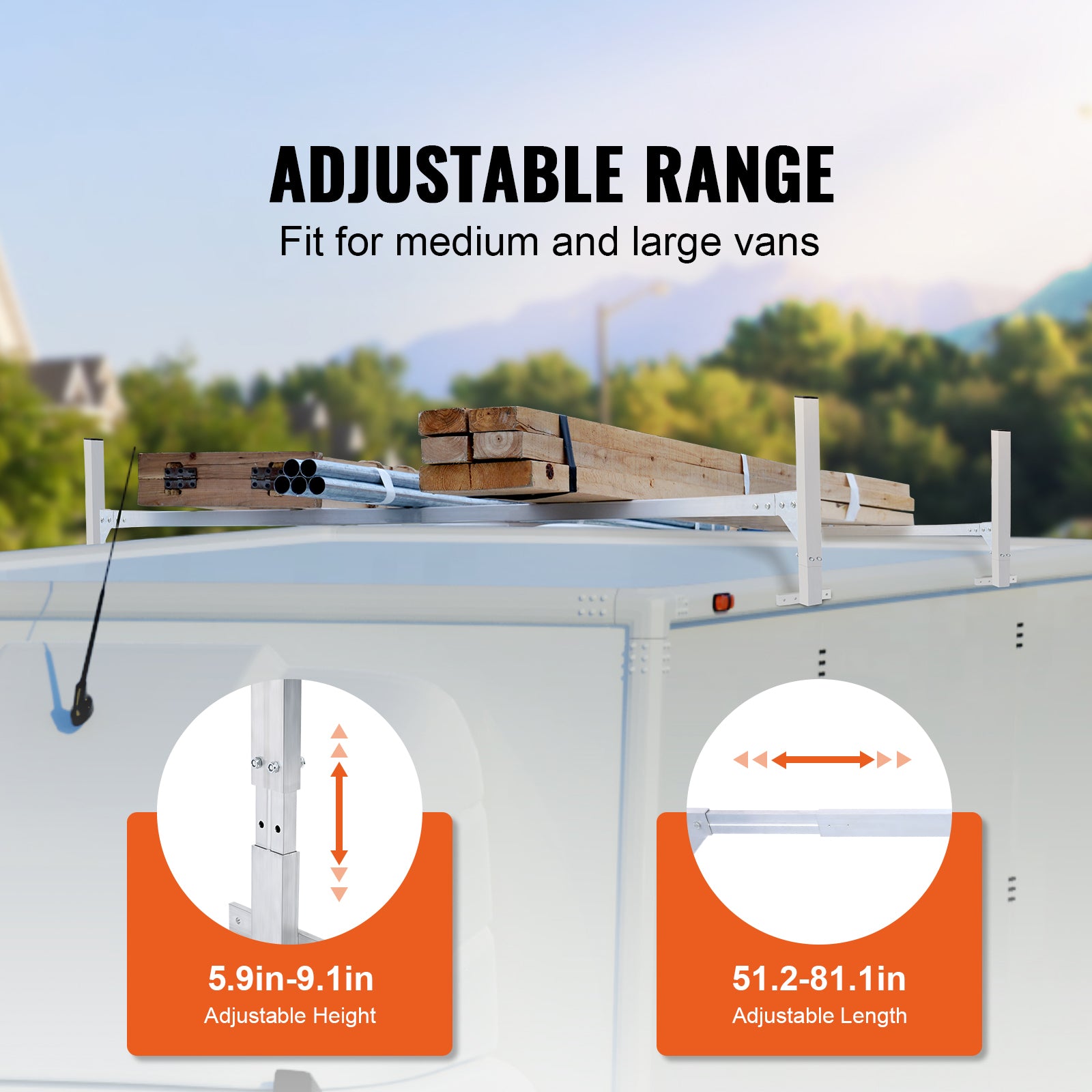 Van Roof Ladder Rack, 2 Bars Aluminum Alloy Roof Ladder Racks, 400 LBS Capacity Rain-Gutter Van Roof Rack, Adjustable Length 51.2" to 81.1", Van Ladder Rack for Van, Cargo, Trailer image 3