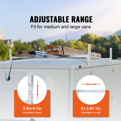 Van Roof Ladder Rack, 2 Bars Aluminum Alloy Roof Ladder Racks, 400 LBS Capacity Rain-Gutter Van Roof Rack, Adjustable Length 51.2" to 81.1", Van Ladder Rack for Van, Cargo, Trailer image 3