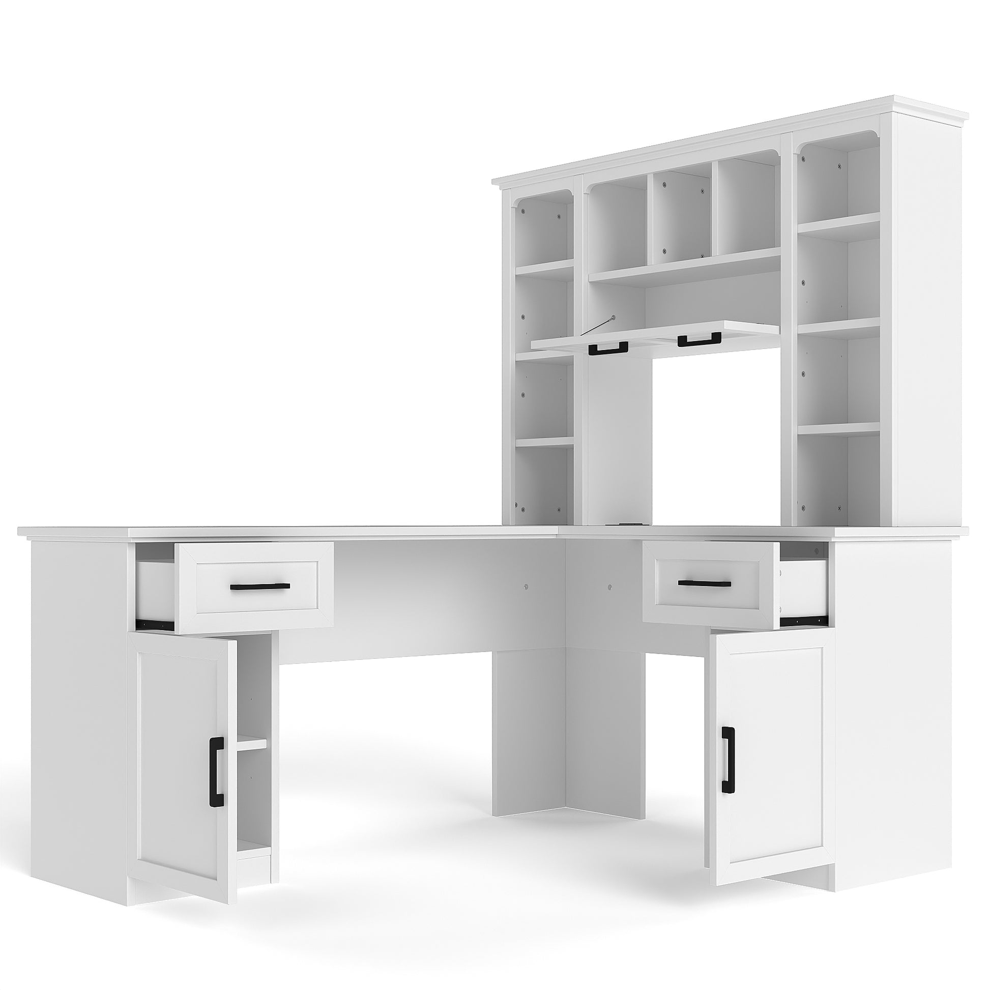 L-Shaped Computer Desk with 2 Cabinets and 2 Drawers, 11 Open Shelves and 1 Right Flip Shelf with Storage, with Power Outlet, for Study, Living Room and Office, White image 4