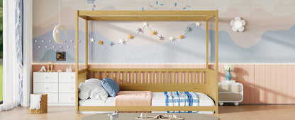 Full Size Canopy Bed Frame with Guardrails for Kids,Floor Bed Full with Four Poster Design,Kids Montessori Floor Bed,Wood Canopy Bed Frame for Girls,Boys(Full,Natural) image 4