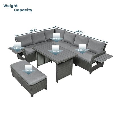 TOMAX 5-Piece Outdoor Patio Rattan Sofa Set, Sectional PE Wicker L-Shaped Garden Furniture Set with 2 Extendable Side Tables, Dining Table and Washable Covers for Backyard, Poolside, Indoor, Grey image 6