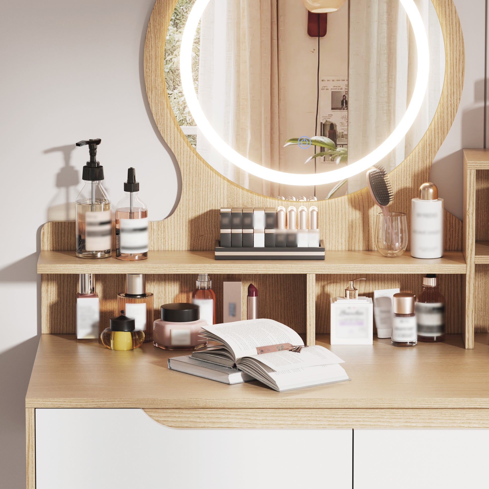 Makeup Vanity Desk with 3 Adjustable Lighted Mirror with solid wood table feet, Dressing Table Set with 4 drawers and 3 open shelves for Small space Bedroom image 8