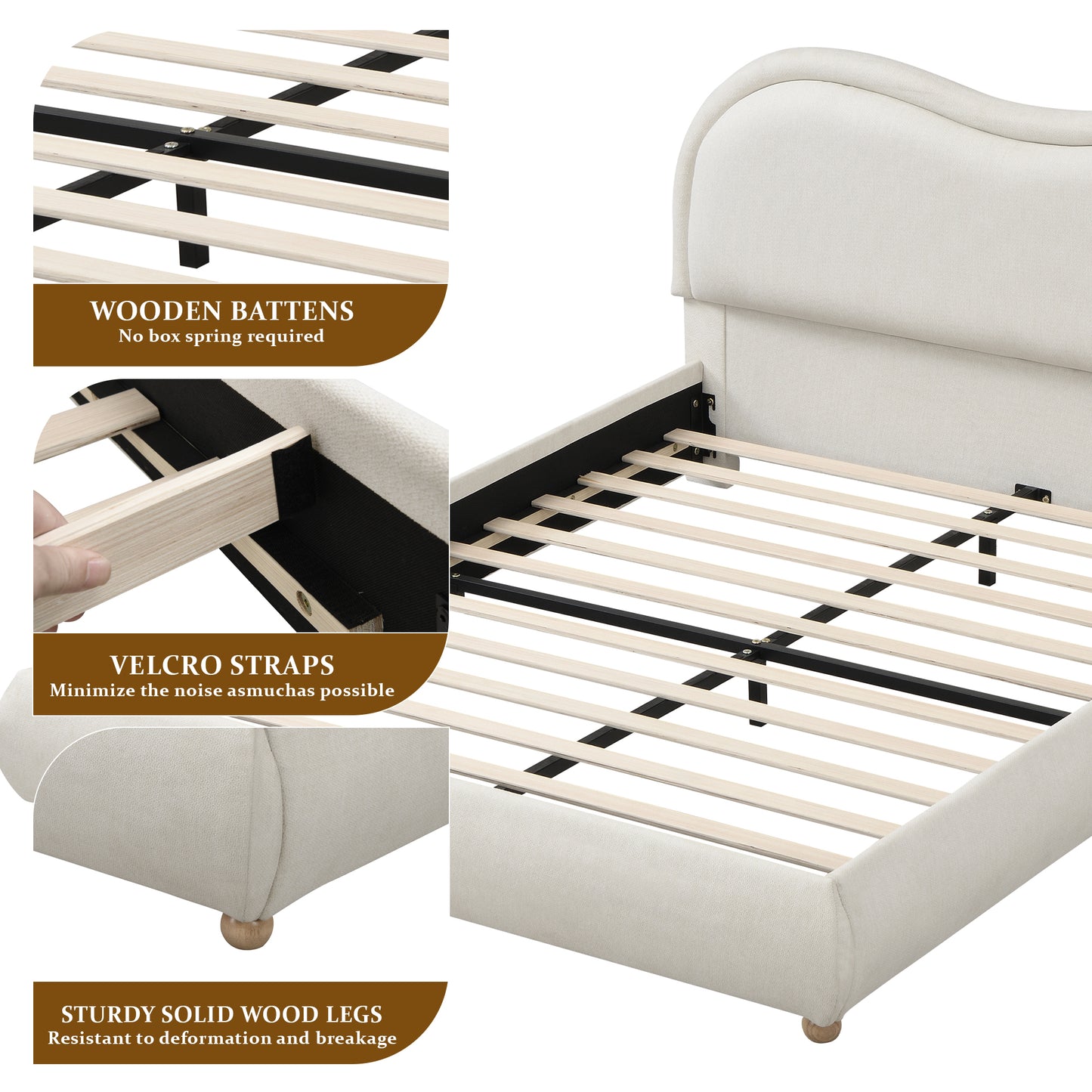 King Size Upholstered Platform Bed Frame with Rounded Corners curved headboard, Wooden Slats, Oak Solid Wood Legs, chenille fabric, No Box Spring Needed, Easy Assembly, Beige image 7